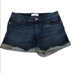 Express dark Wash shortie Jean Shorts Womens size 2 Stretch 28" Waist Raw Hem